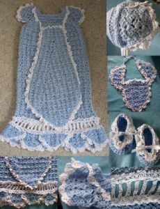 Blue Christening Set: Gown, Bonnet, Shoes and Bib